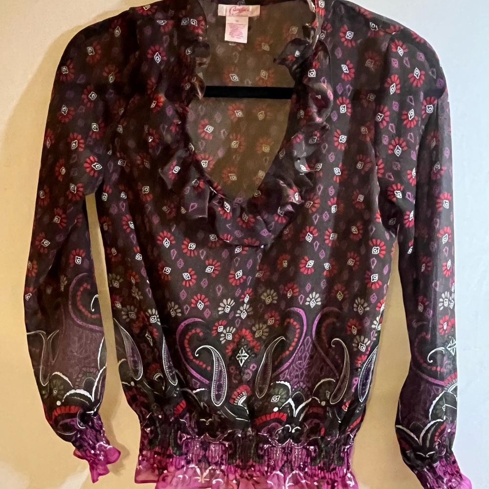 Blouse by Candies, long sleeve, brown and red boho print in size S